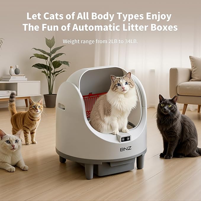 BNZ Self Cleaning Litter Box – Automatic Cat Litter Box for Multiple Cats | App Control, Safety Sensors, Open Top Design | Includes Scent Cartridge & Trash Bags