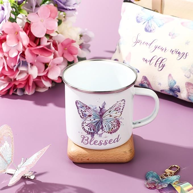 Butterfly Lover Gifts for Women Birthday Gifts Baskets Set Include Canvas Tote Bag, Makeup Bag, Socks, Keychain, Enamel Mug, Small Figurines for Mom, Wife, Sister, Friend