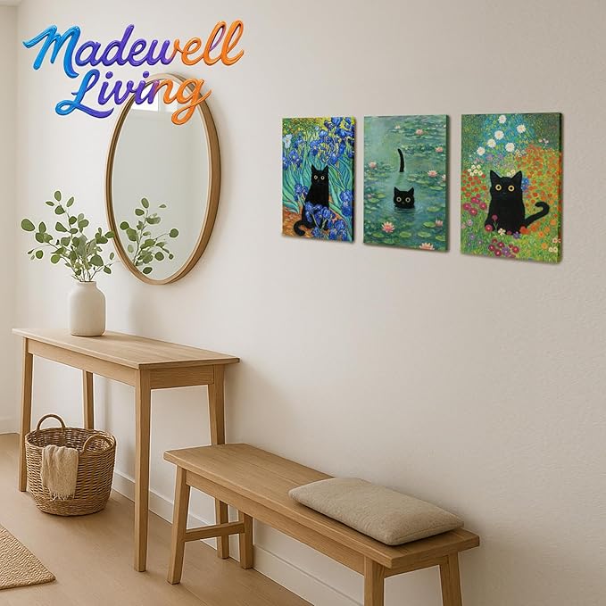 Monet Wall Art, Funny Cat in Water Lilies Canvas Prints, Black Cat Aesthetic Pictures for Living Room, Bedroom, Bathroom, Kitchen, Home Decor, Modern Cat Lover Gift Idea, Wrapped 11’’x14’’x3 pcs