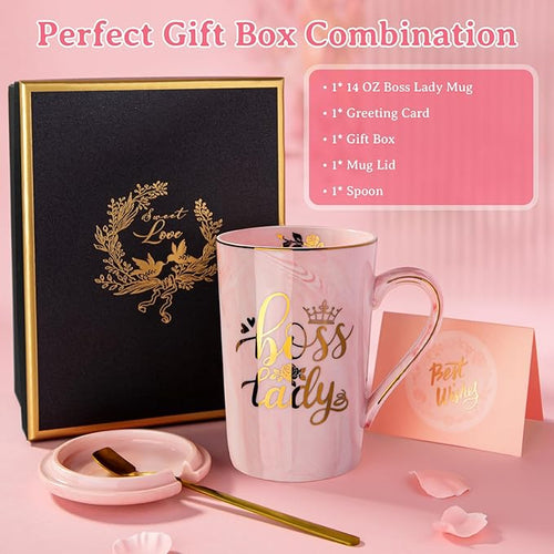 Biching Boss Lady Gifts for Women - Unique Birthday Gift for Women, Friend, Coworkers, Colleagues, Boss Female - Appreciation Mothers Day Gifts - 14Oz Marble Ceramic Coffee Mug Pink