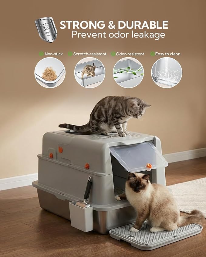 Soulbond XXXL Stainless Steel Litter Box with Lid, 27.5" L x 19.7" W x 16.5" H Large Covered Metal Jumbo Cat Litter Box Enclosed for Large and Multi-Cat Families, Easy to Clean