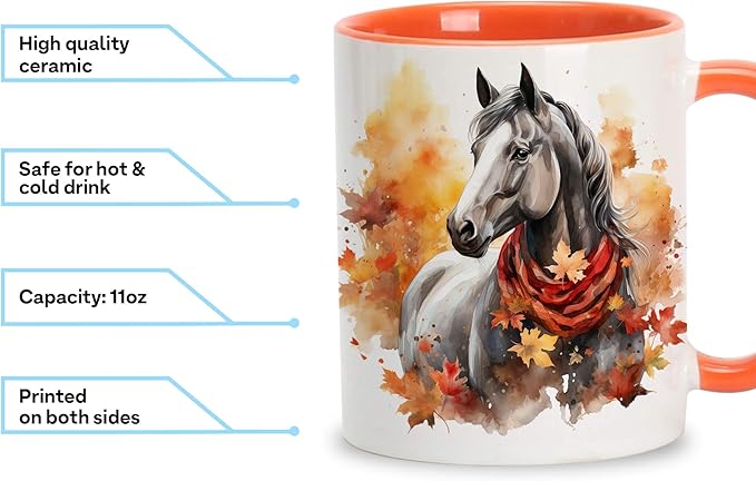 Hyturtle Fall Horse Coffee Mug - Birthday Gifts For Horse Lovers - Fall Autumn Decor Gifts For Farmhouse Thanksgiving - Horses Gift For Women - 11oz Two Tone Orange/White Ceramic Coffee Tea Mug Cup
