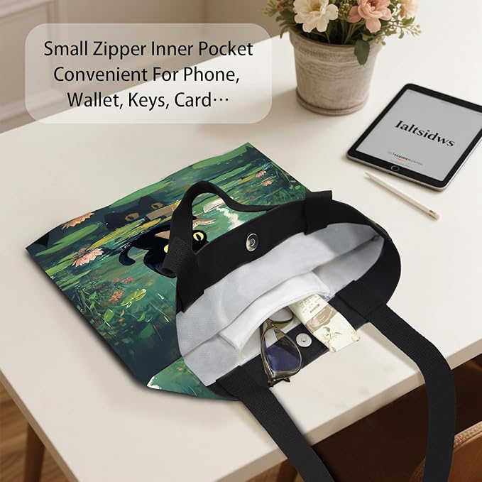 Aesthetic Canvas Tote Bag for Women - with Magnetic Snap Closure & Zipper Inner Pocket Reusable Bag for Shopping
