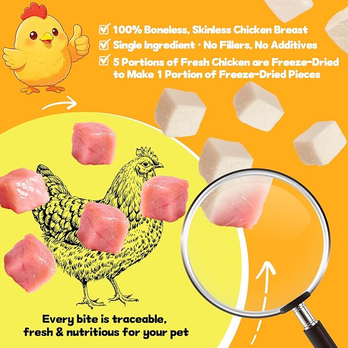 Freeze-Dried Chicken Breast Treats for Dogs & Cats |3.52 oz Premium Single-Ingredient Nutrition, All Natural, High Protein | Ideal Training Treats & Food Topper