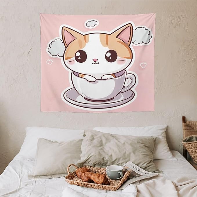 MaSiledy Tapestry Kawaii Cat Tapestry for Bedroom Aesthetic Cute Kitten Cat Meow Tapestry Wall Hanging Wall Hanging for Living Room Dorm Landscape 50"x60" Tapestries for Bedroom Living Room Dorm