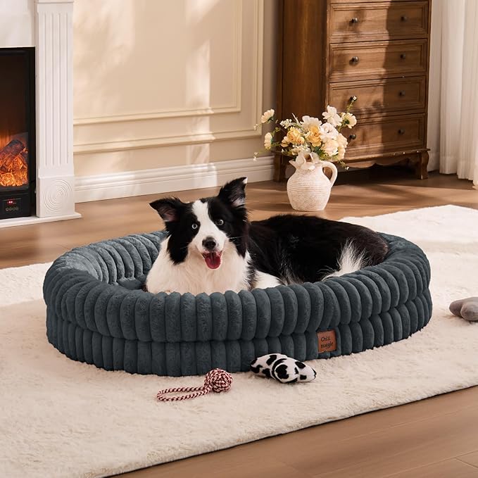 ChiXnuggle XL Dog Bed - Luxury Striped Faux Fur Waterproof Pet Couch with Removable Washable Cover, Orthopedic Dog Bed with Bolster Sides for Sleeping, Dark Grey