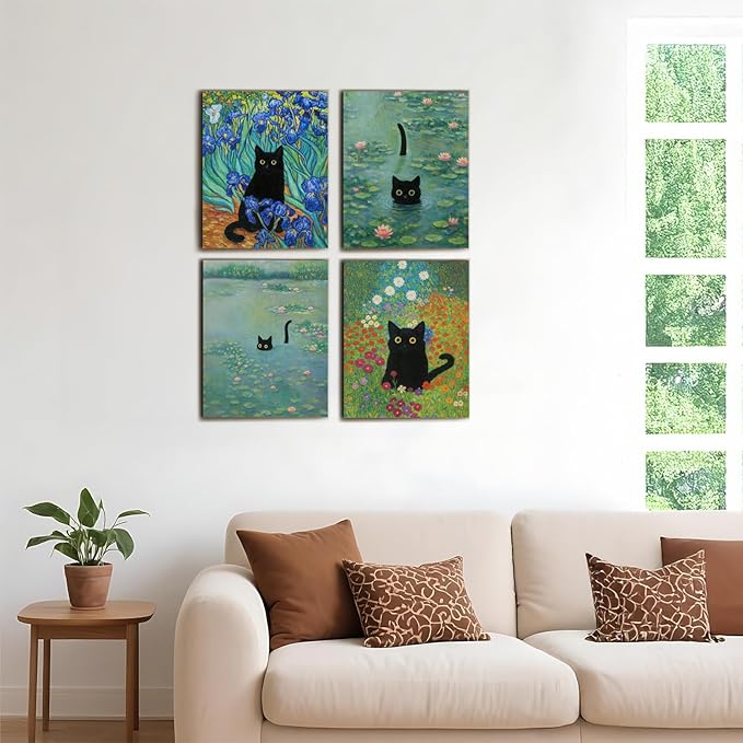 Funny Cat in Water Lilies Wall Art, Vintage Monet-Style Bathroom & Bedroom Decor, Ready to Hang Aesthetic Cat Gift for Dorm, Living Room, Black Frame Canvas Print(11’’x14’’)