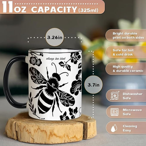 Bee Cups 11Oz Valentines Day Birthday Gift for Woman, Bee Gifts for Women Black and White Boho Coffee Mug, Bumble Bees Gifts Cute Coffee Mug for Women Microwave & Dishwasher Safe