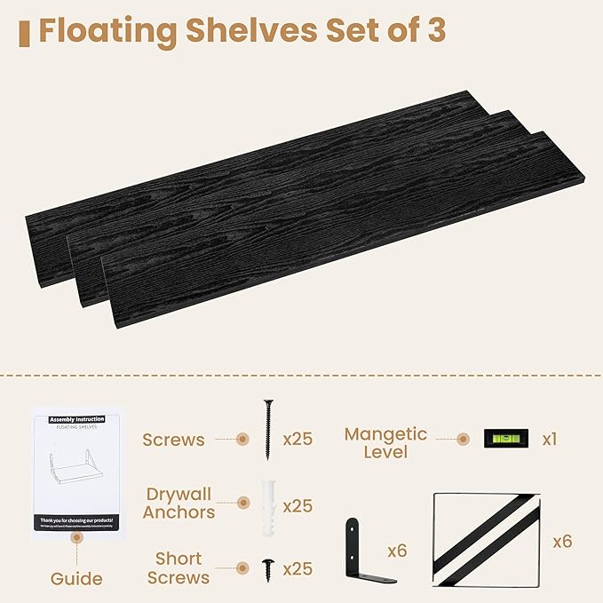 Heimlove Floating Book Shelves for Wall,47.2 Inches Long Wall Mounted Bookshelves,Heavy Duty Bracket Shelves for Living Room Kitchen,Laundry Room Storage & Decor,Set of 3,Black