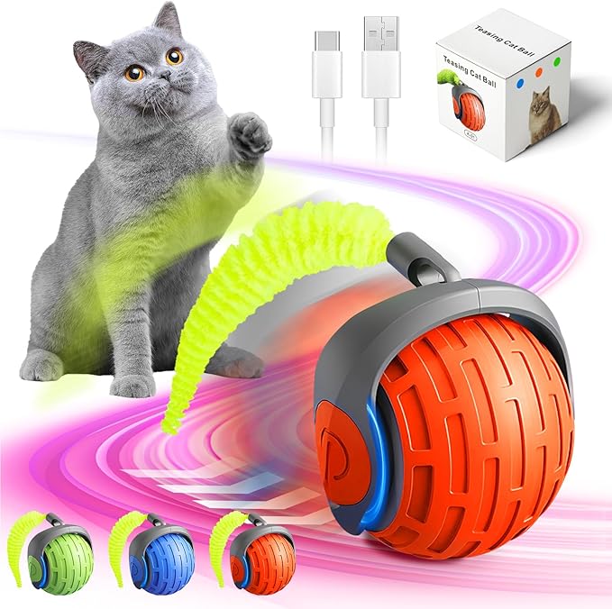 2025 New Interactive Cat Ball Toy for Indoor Cats Rotating Ball Toy,Automatic Moving for Bored Indoor Kitten,360°Automatic Rolling Balls Toy Electric Dogs Cat Balls (Orange)
