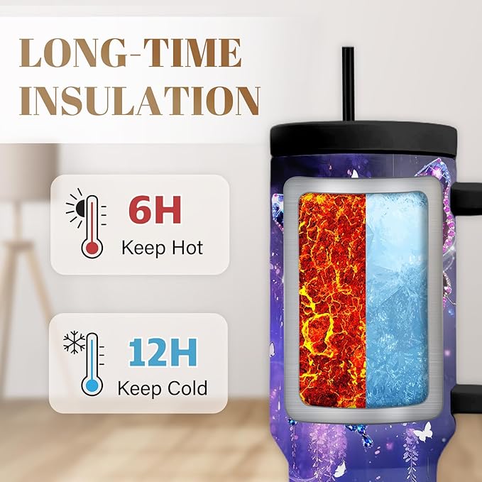 Butterfly Gifts For Women, Butterfly Cup Leak Proof Tumbler With Handle 40 Oz, Birthday Christmas Gifts For Women Girl Wife, Purple Gem Bling Cup, Christmas Travel Coffee Tumbler