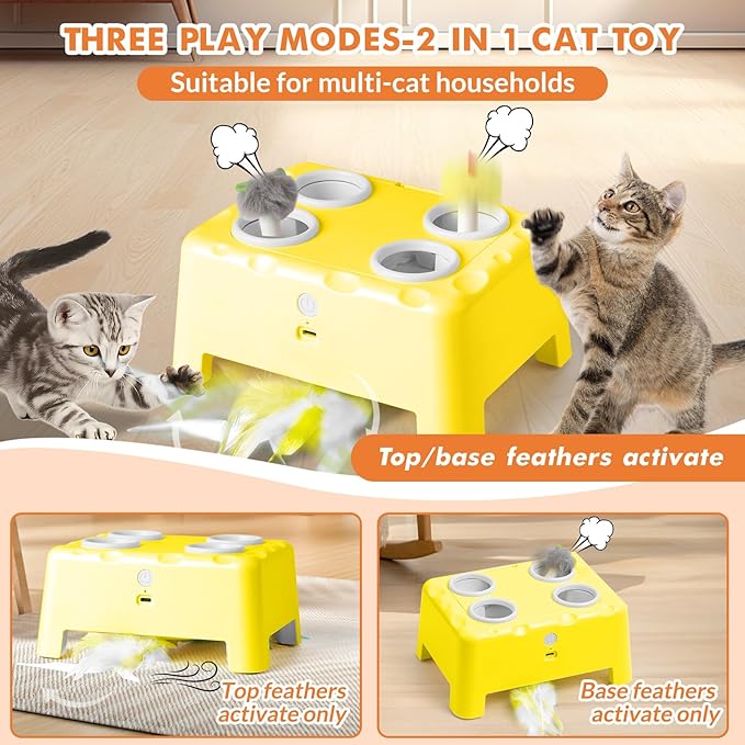 Interactive Cat Toys for Indoor Cats, 2-in-1 Cat Toys Interactive for Bored Indoor Adult Cats, Automatic Electronic Feather Cat Toy, 4 Holes Mole, Rotating Feather, USB Rechargeable
