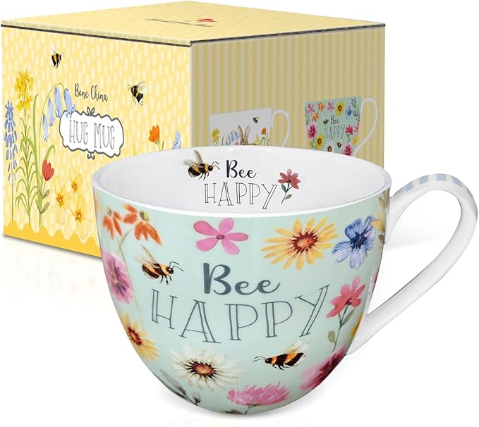 20 oz Bees & Flowers Coffee Hug Mug,“Be Happy” Designed to Spread Joy, Premium Bone China, Best Gifts for Mom Women Mothers Day, Designed in England by Harvest Green Studio