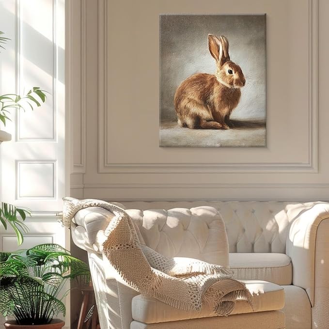 Vintage Rabbit Bunny Wall Art Decor Cute Bunny Print Picture Cottagecore Animal Wall Decor for Home Farmhouse Living Room 8x10 Inch Canvas Framed