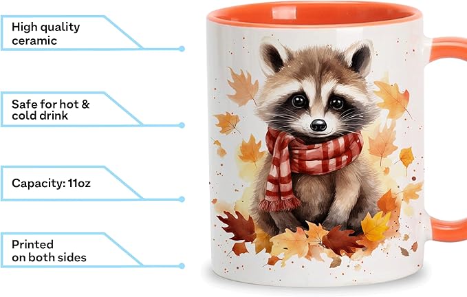 Hyturtle Fall Raccoon Coffee Mug - Birthday Gifts For Raccoon Lovers - Fall Autumn Decor For Farmhouse Thanksgiving - Raccoon Gifts For Women - 11oz Two Tone Orange/White Ceramic Coffee Tea Mug Cup