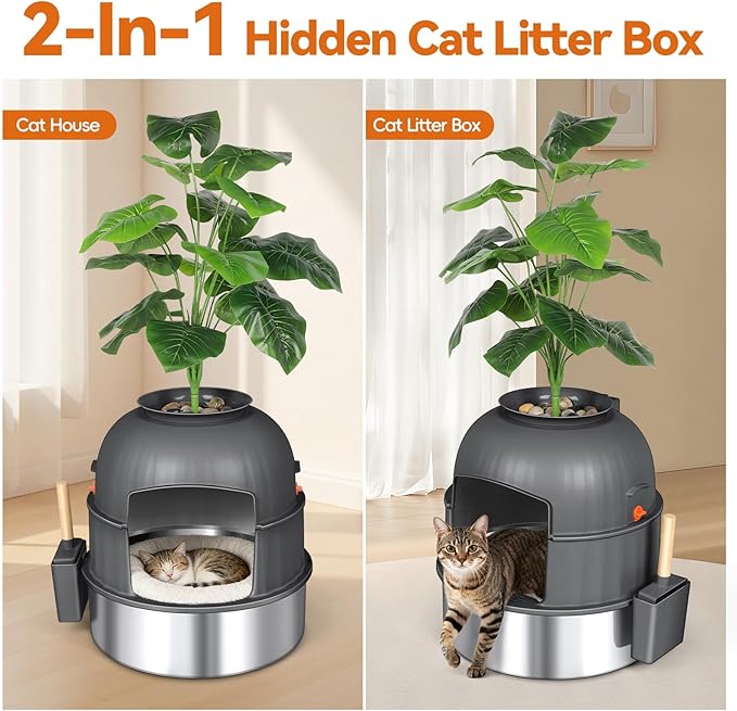 Three-Section Hidden Cat Litter Box, Stainless Steel Litter Box, Cat Litter Box Hidden with Faux Plant & Scoop, Vented Filter for Odor Control, Hidden Litter Box Furniture, Home Decor