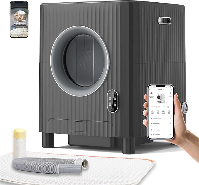 Self Cleaning Cat Litter Box,Electric Entrance Door Automatic Cat Litter Box,Video Monitor,Large Capacity for Multiple Cats with Mat-Anti-Pinch/Odor-Removal/APP Control