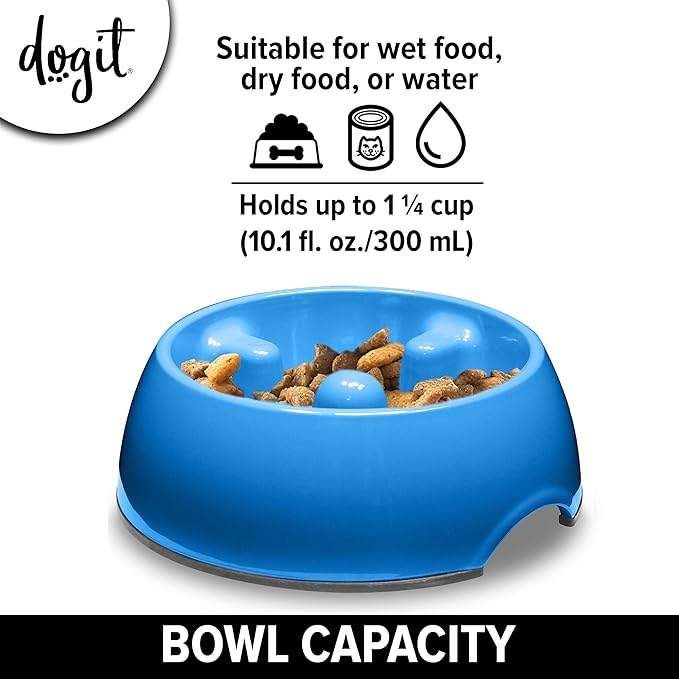Dogit Dog Bowl Slow Feeder for Wet or Dry Dog Food, Go Slow Anti-Gulping Dog Dish, Blue, S