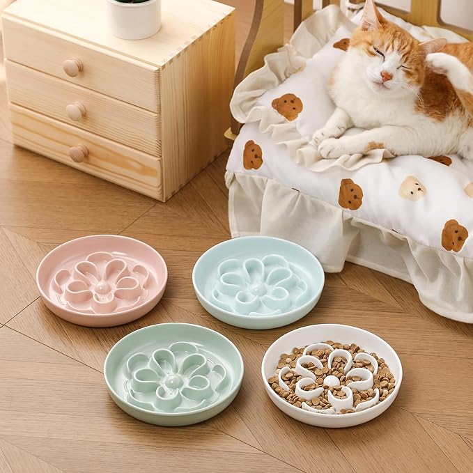 Melamine Cat Slow Feeder Bowl Set - Floral Maze Food Dishes for Cats and Small Dogs - Shallow Wide Plates for Dry & Wet Food - 3 Pack - White & Green & Blue