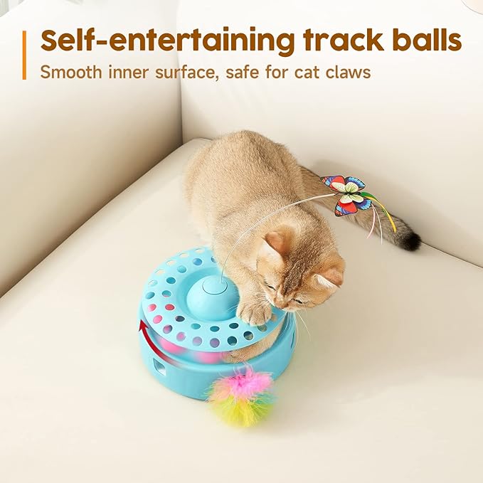 Potaroma Cat Toys 3-in-1 Automatic Interactive Kitten Toy, Fluttering Butterfly, Random Moving Ambush Feather, Track Balls, Dual Power Supplies, USB Powered, Indoor Exercise Cat Kicker (Blue)
