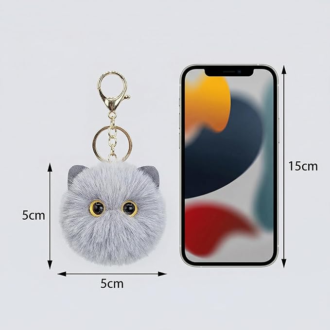 Cute Light Gray Cat Plush Keychain - Kawaii Kitten Pom Pom Keychain, Minimalist Bag Charm for Backpack Purse, Gift for Women Teens