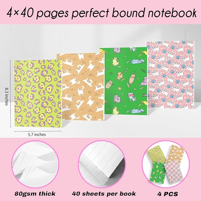Cat Notebooks for Work, 4 Pcs A5(8.26x5.7inch) College Ruled Notebook Journal for Women, Cute Notepads Lined Journals for Writing, Cute Diary Stationary Cat Lover Gifts 9