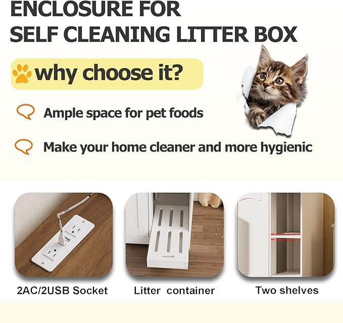 KCRET Cat Litter Enclosure with Litter Collector, Furniture for Self-Cleaning Litter Box, Large Hidden Litter Box Furniture with Charging Station Wooden Cat House