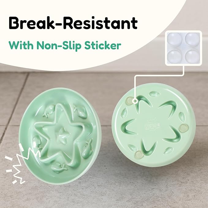 2 Pcs Cat Slow Feeder Bowl – Whisker Friendly Melamine Puzzle Feeding Cat Bowl for Slow Eating – Wet & Dry Food – Dishwasher Safe, Lightweight, Non-Slip (Ocean Mist + Seafoam Green, 6.3'')