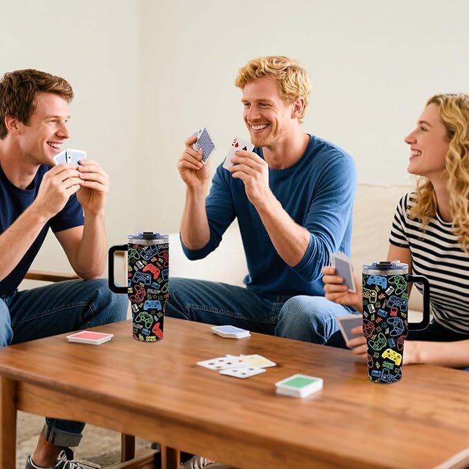 Gifts for Gamer - 40oz Game Tumbler with Straw and Handle, Leak-proof, Stainless Steel Insulated Tumblers, Travel Coffee Mug for Games Lovers Boys, Video Games Enthusiasts Gift Cup for Girls