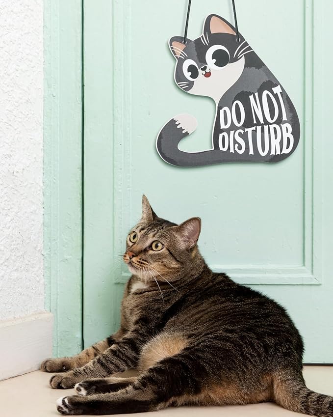 Putuo Decor Do Not Disturb Sign Welcome Please Knock, Cute Cat Door Sign Decor Reversible Double Sided Aesthetic Hanger Plaque for Room Front Door Porch Home Decor, Cat Lover Gifts Grey