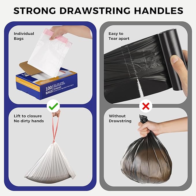 Drawstring Litter Liner Bags 100 Pack-Cat Litter Box Liner Bags for Litter Box Robot 3 and 4 Thick Waste Bags for Self-cleaning Cat Litter Box Liner Trash Bags for Home/Kitchen Trash Cans