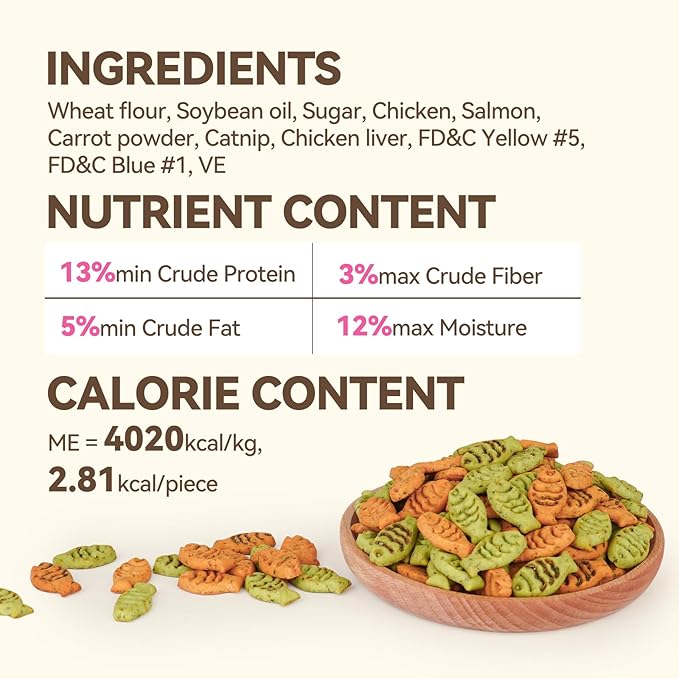 Catnip Cat Treats, Chicken & Salmon Flavor Crunchy Cat Biscuits, Fish-Shaped Training Snacks for Adult Cats, 8 oz