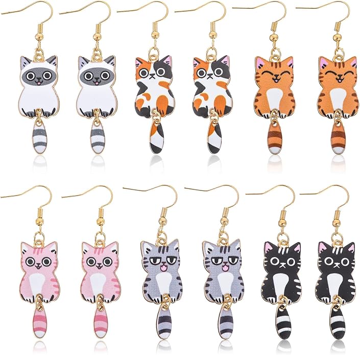 Nogeqi 6 Pairs Funny Cat Earrings for Women, Kawaii Cartoon Alloy Cute Drop Dangle Kitty Cat Earrings, Aesthetic Birthday Party Kitten Jewelry Gifts for Cats Lovers