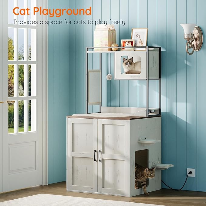 HOOBRO Cat Automatic Litter Box Enclosure Furniture, 30.5" L x 26.8" W x 61" H, Hidden Robotic Litter Box Cabinet, Dog-Proof Shelf with Charging Station, Scratching Mat, Bowls, White WH68UMZ03