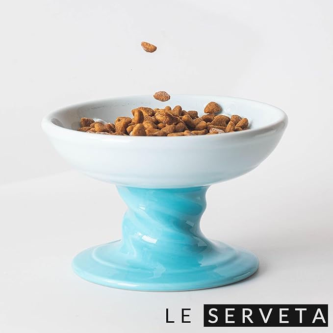 Elevated Twisting Design Cat Food Slow Feeder, Ceramic Raised Cat Dishes with Decorative Twisting Design Stand, Macaron Colors, Slow Feed Design (Blue)