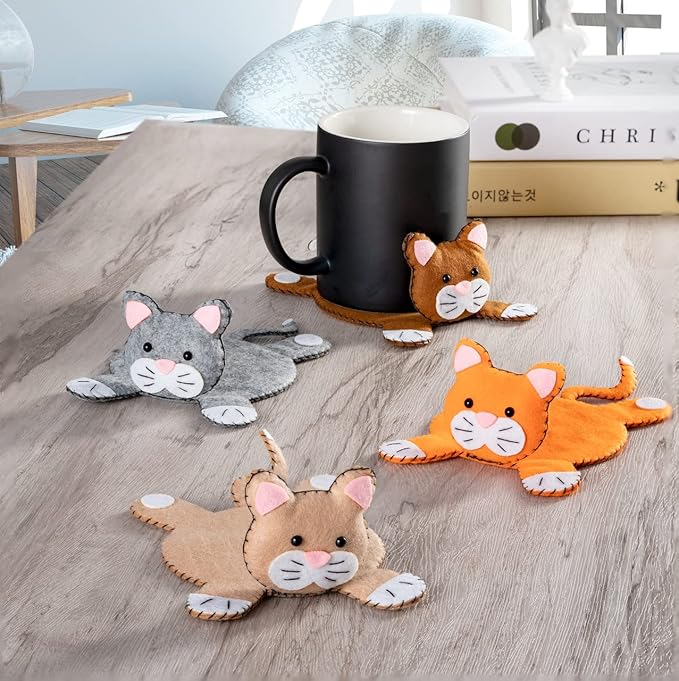 Funny Cat Coasters Set of 4 – Cute Felt Drink Mats for Women, Cat Mom Gift Idea, Animal Lover Decor, Coaster Set for Drinks, Unique Gag Present, Cool Stuff for Her