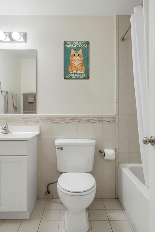 Funny Bathroom Sign Welcome to The Bathroom A Cat Will Be with You Shortly Humorous Restroom Decor Quirky Cat Lover Gift Novelty Aluminum Sign 8x12 Inches Orange Cat-01