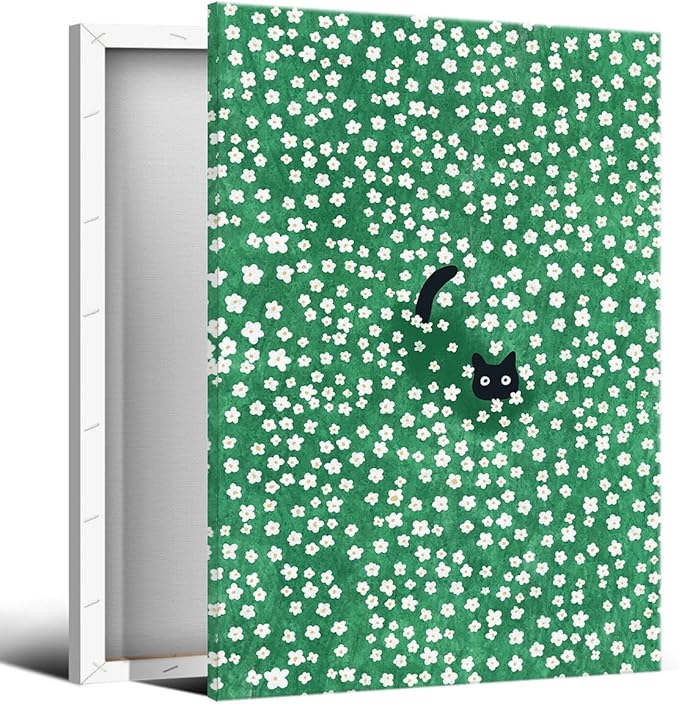 Black Cat Canvas Wall Art, Cute Cat In Daisies Meadow Aesthetic Poster, Adorable Animal Picture Rich Green Print Painting for Bedroom, Nursery Wall Decor Pet Lover Gift 16x20in Wrapped Canvas