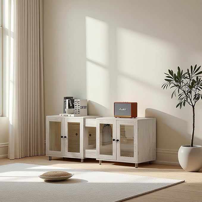 Double Cat Litter Box Enclosure for 2 Cats, Modern Double Litter Furniture with 7-Color LED & Built-in Power Outlet, Large Cozy Cat Space, 4 Glass Doors for Clear Viewing (White)