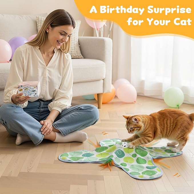 Interactive Cat Toys, Hide and Seek Cat Toy, 2 in 1 Automatic Moving Concealed Feathers for Indoor Cats, Non-Slip Suction, Touch Activated, USB Rechargeable, Green