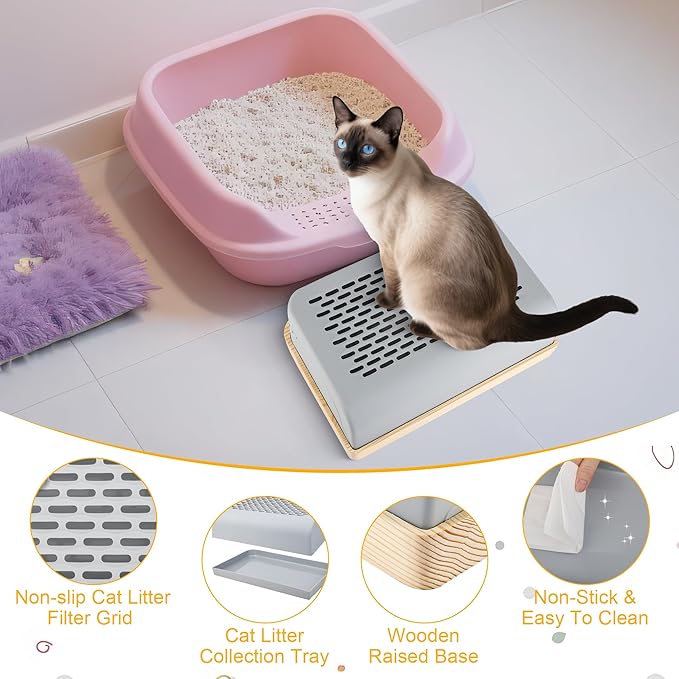 Cat Ramp for Litter Box with Wooden Base, Catcan Litter Box Step with Filter Function Double Layered Self-Cleaning Cat Litter Trapper for Small & Elderly Cats