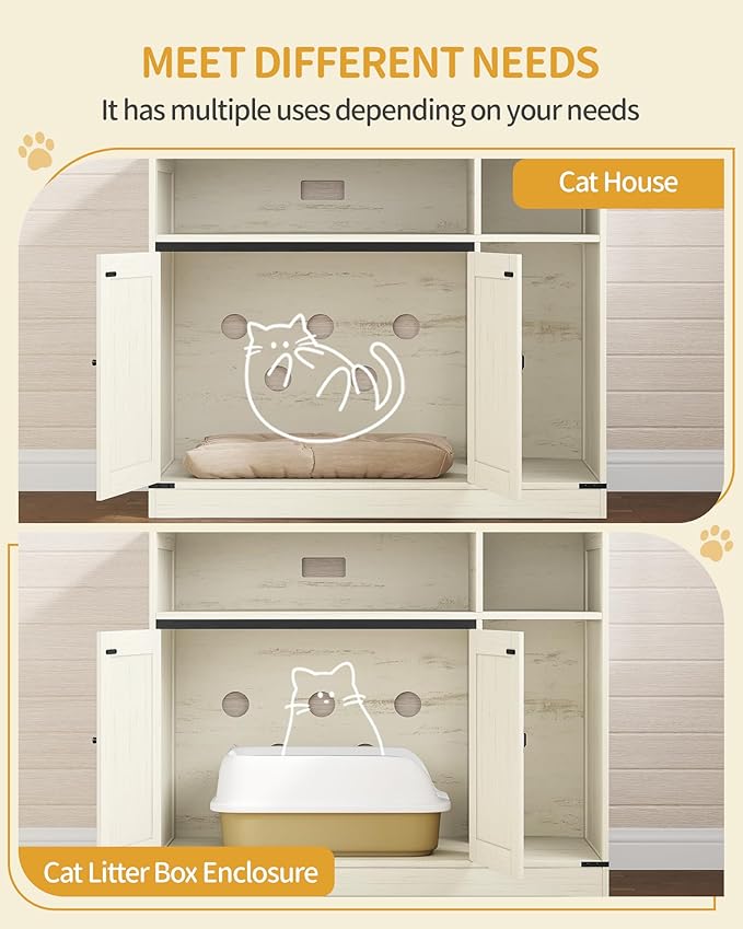Cat Litter Box Enclosure, Hidden Litter Box Furniture with Storage, Wooden Cat Cabinet with Scratch Pad, Farmhouse Cats House, TV Stand End Table, Rustic Brown and White CB88614X