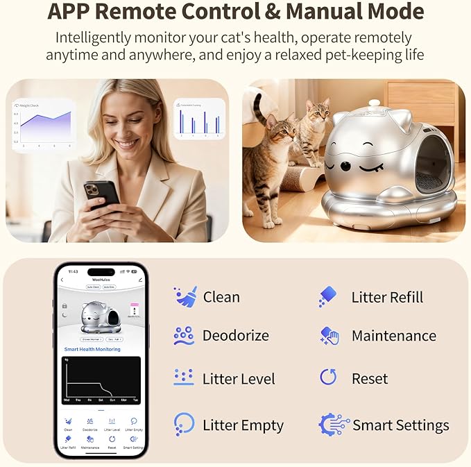 Automatic Cat Litter Box for Multiple Cats, Large Capacity Detachable Top Self-Cleaning Litter Box with App Control & AI Monitoring, Odor Control, Safety Sensors (Silvery)