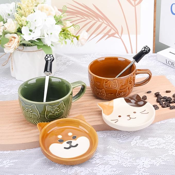 Cute Cat Coffee Mug with Lid,Animal Tea Cup with Saucer Set,Kawaii Ceramic Mugs with Biscuit Holder and Spoon,Gifts for Women,Teacher,Friend,for Mothers Day,Easter,Christmas (Yellow Cat)
