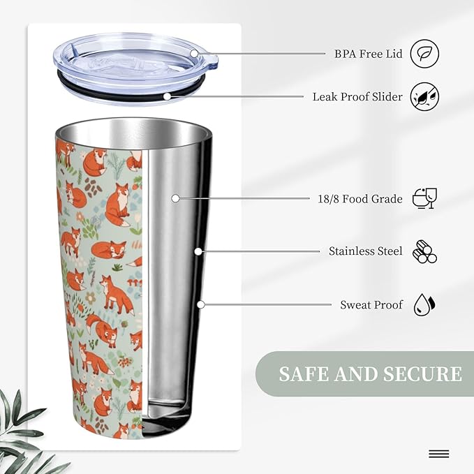 Fox Tumbler 20oz Cute Foxes Stainless Steel Insulated Tumblers with Lid and Straw Animal Travel Coffee Mug Tea Wine Cups Water Bottle Fox Gifts for Women