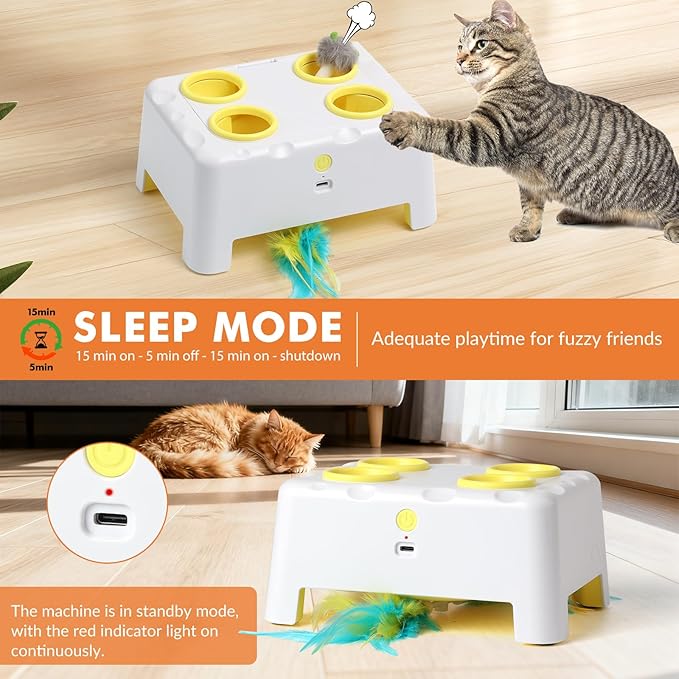 Interactive Cat Toys for Indoor Cats, 2-in-1 Cat Toys Interactive for Bored Indoor Adult Cats, Automatic Electronic Feather Cat Toy, 4 Holes Mole, Rotating Feather, USB Rechargeable