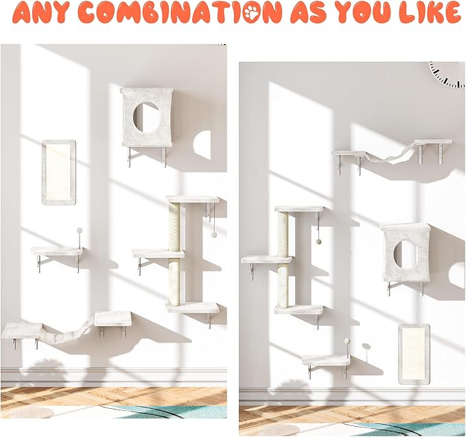 10 Pcs Cat Wall Shelves Set, Wall-Mounted Climber with Cat House, Scratching Post, Bridge, Hammock, Space-Saving Play Furniture, Beige