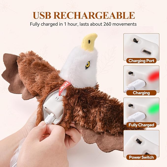 Flappy Bird Cat Toy, Interactive Flapping & Chirping Cat Toys for Indoor Cats, Rechargeable Cat Toys with Catnip, Touch Activated, Floppy Eagle NO Flying