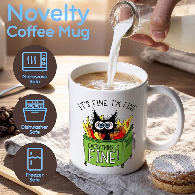 Its Fine Everything is Fine Ceramic Coffee Mug for Women 11 oz, Funny Cats Coffee Mugs for Cat Lovers, Birthday Christmas Gifts for Cat Mom Coworkers Work Bestie