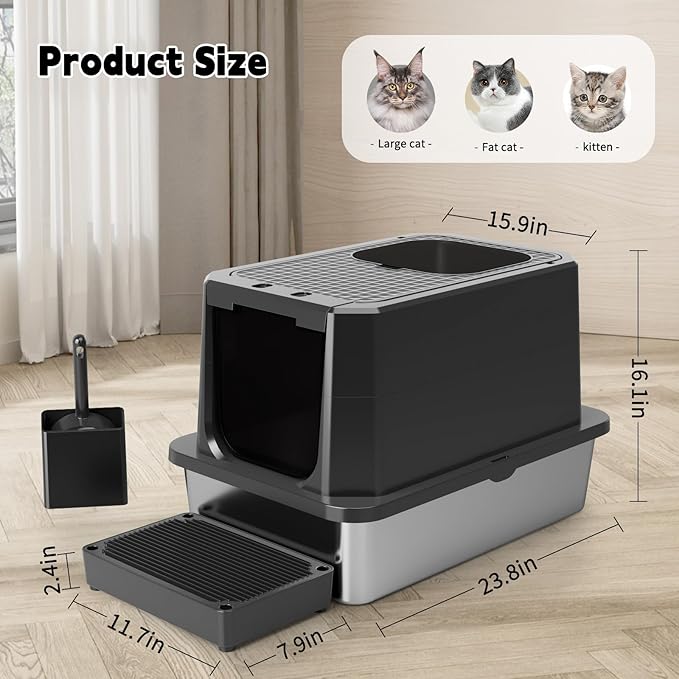 Enclosed Cat Litter Box: Large Stainless Steel Anti Leak Design - All Black - Controls Odor for Indoor Use
